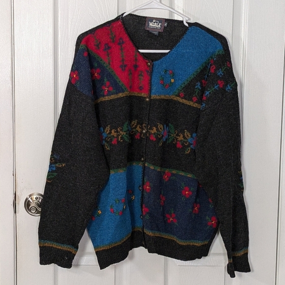 Vintage Handframed Woolrich 100% Wool‎ Embroidered Button-Up Sweater Size XL - Picture 1 of 10